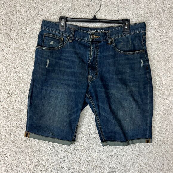 JT Jack Threads Denim Shorts 36 Button Dark Wash Jorts Distressed Cuffed - Picture 1 of 10
